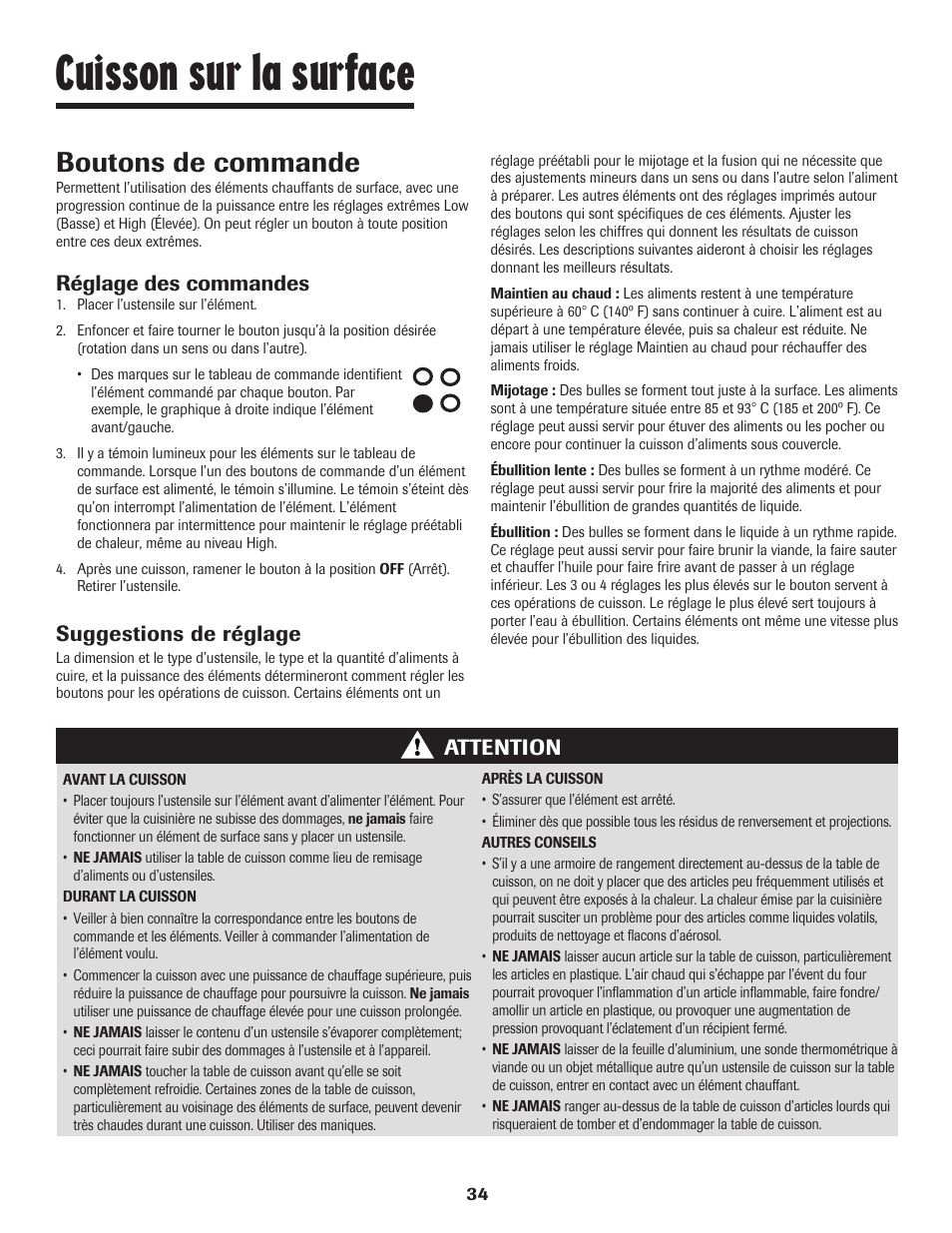 Cuisson sur la surface, Boutons de commande, Réglage des commandes | Suggestions de réglage, Attention | Maytag SMOOTHTOP 500 User Manual | Page 35 / 68