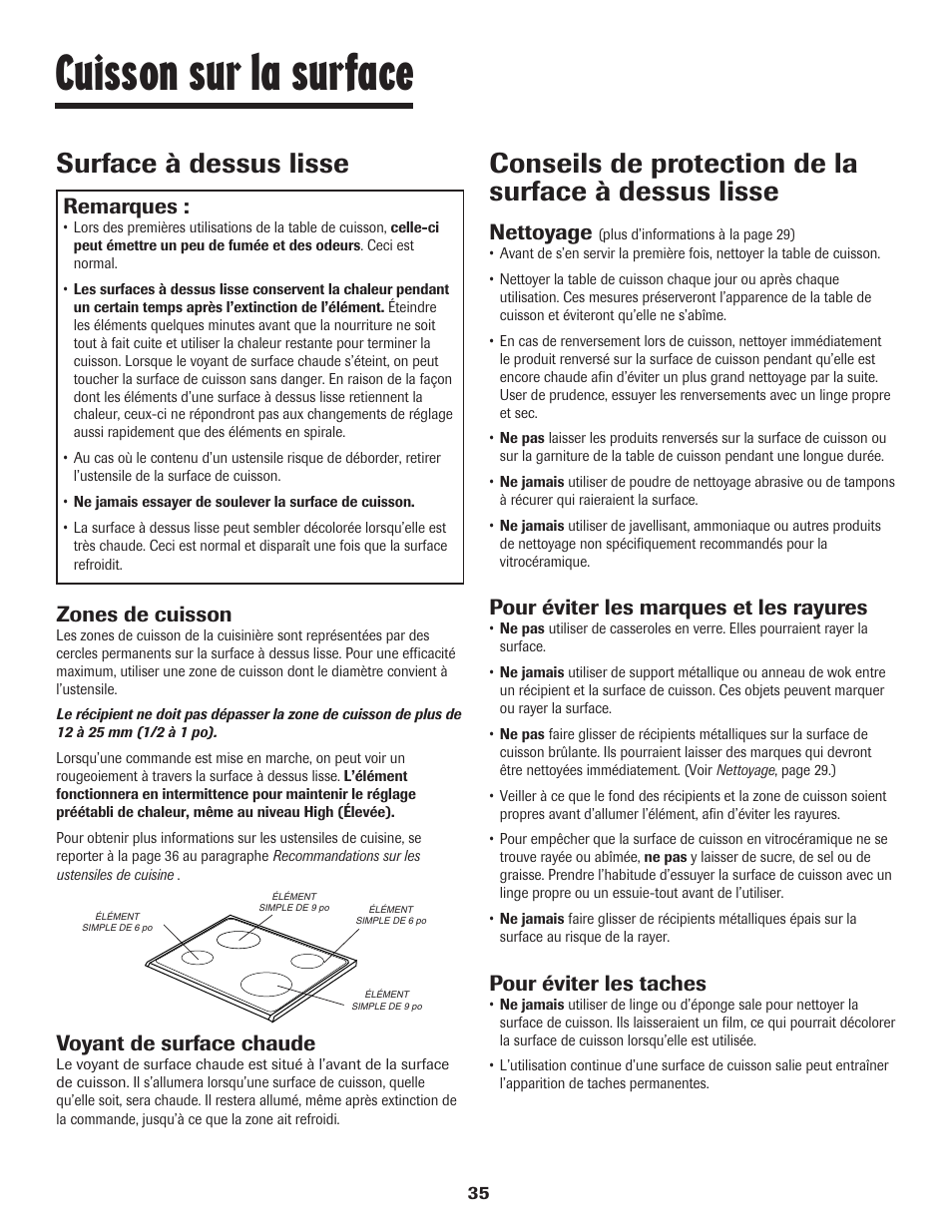 Cuisson sur la surface, Surface à dessus lisse, Remarques | Zones de cuisson, Voyant de surface chaude, Nettoyage, Pour éviter les marques et les rayures, Pour éviter les taches | Maytag SMOOTHTOP 500 User Manual | Page 36 / 68