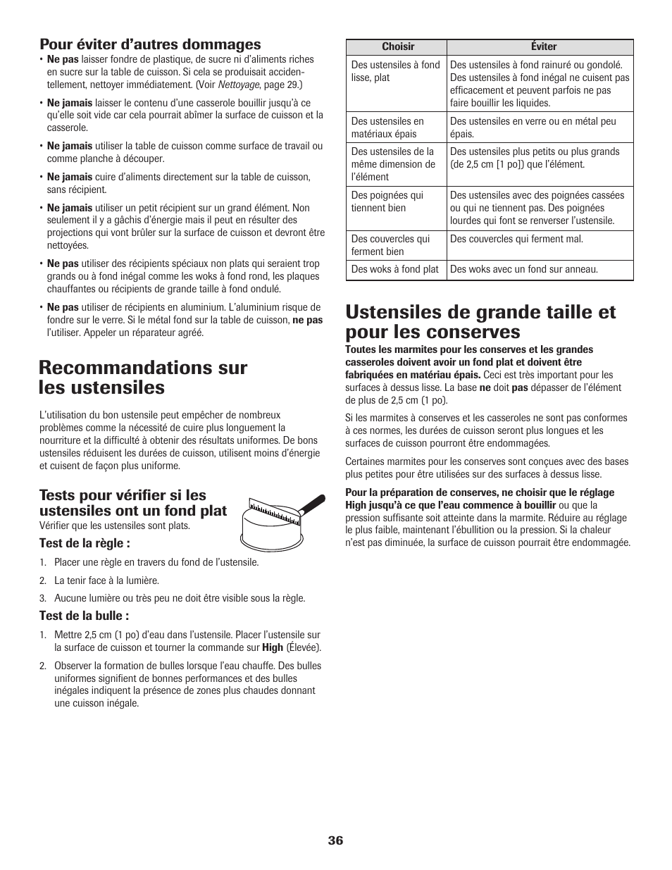 Recommandations sur les ustensiles, Ustensiles de grande taille et pour les conserves, Pour éviter d’autres dommages | Maytag SMOOTHTOP 500 User Manual | Page 37 / 68