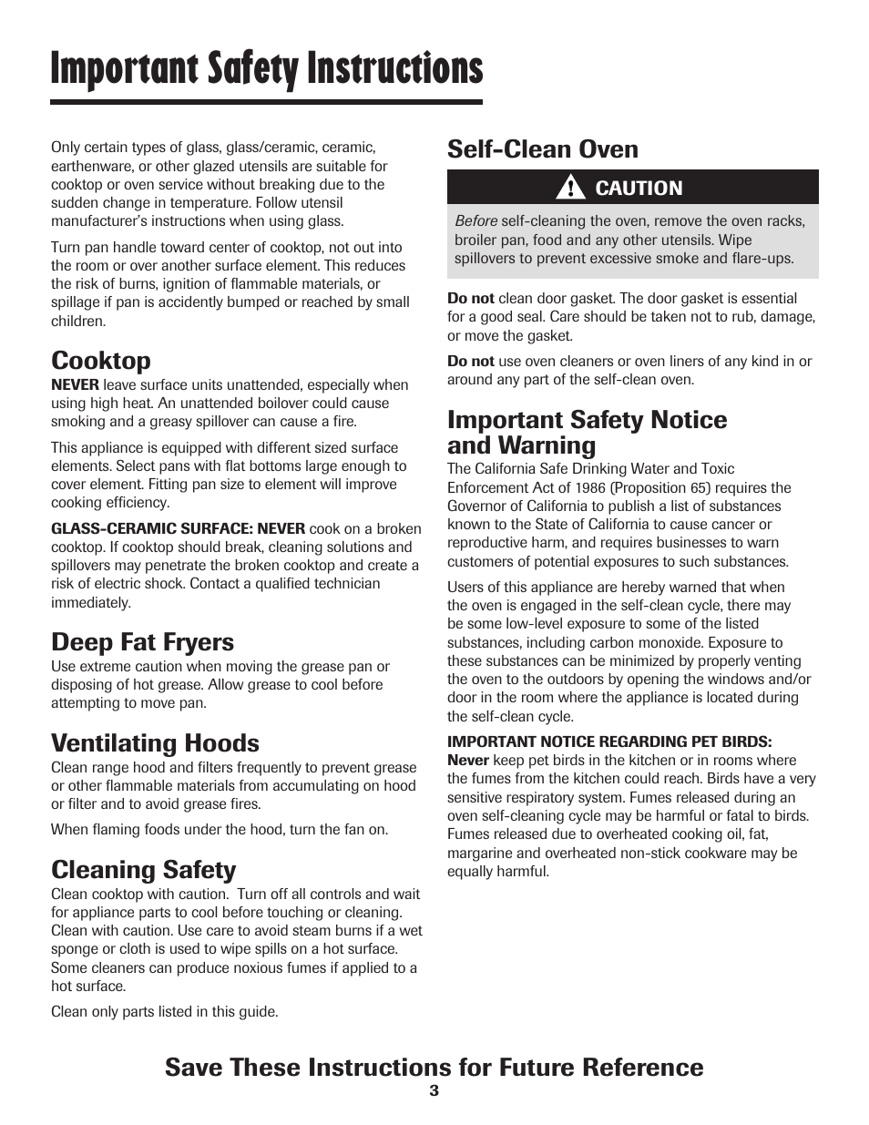 Important safety instructions, Self-clean oven, Important safety notice and warning | Cooktop, Deep fat fryers, Ventilating hoods, Cleaning safety, Save these instructions for future reference | Maytag SMOOTHTOP 500 User Manual | Page 4 / 68