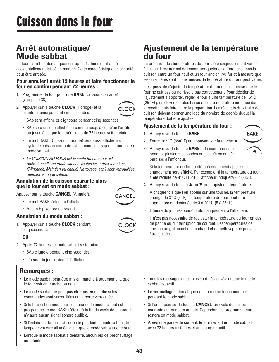 Cuisson dans le four, Arrêt automatique/ mode sabbat, Ajustement de la température du four | Remarques | Maytag SMOOTHTOP 500 User Manual | Page 44 / 68