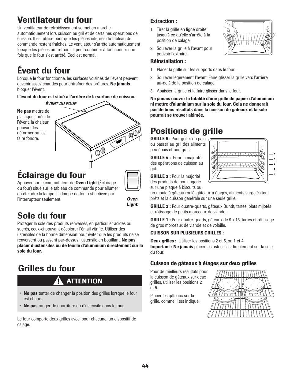 Grilles du four, Éclairage du four, Sole du four | Ventilateur du four, Évent du four, Positions de grille, Attention | Maytag SMOOTHTOP 500 User Manual | Page 45 / 68