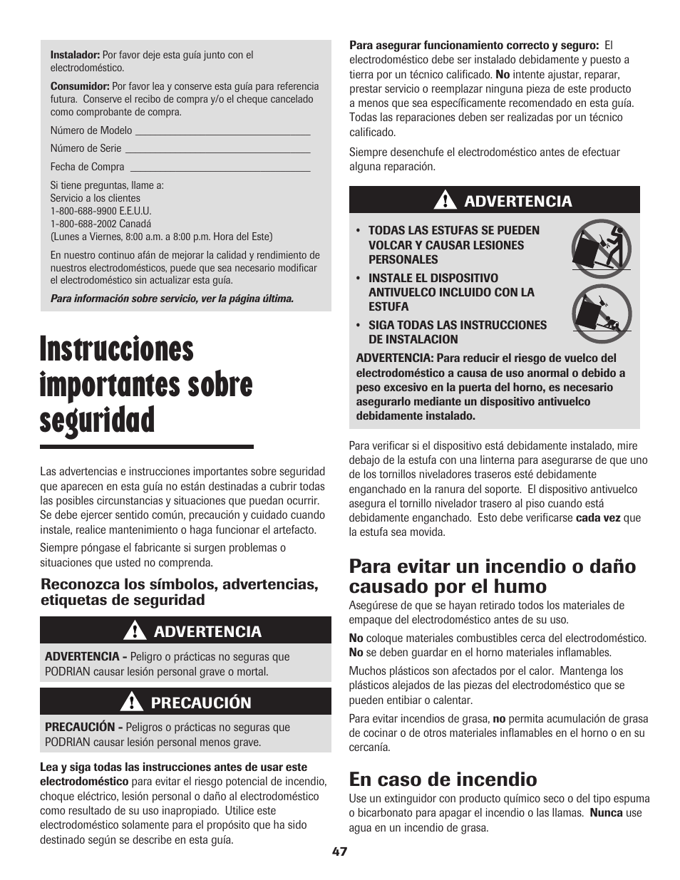 Instrucciones importantes sobre seguridad, Para evitar un incendio o daño causado por el humo, En caso de incendio | Maytag SMOOTHTOP 500 User Manual | Page 48 / 68
