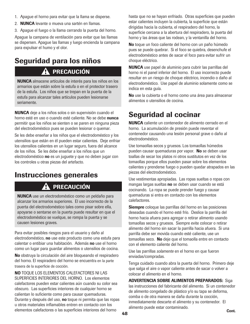 Seguridad para los niños instrucciones generales, Seguridad al cocinar | Maytag SMOOTHTOP 500 User Manual | Page 49 / 68