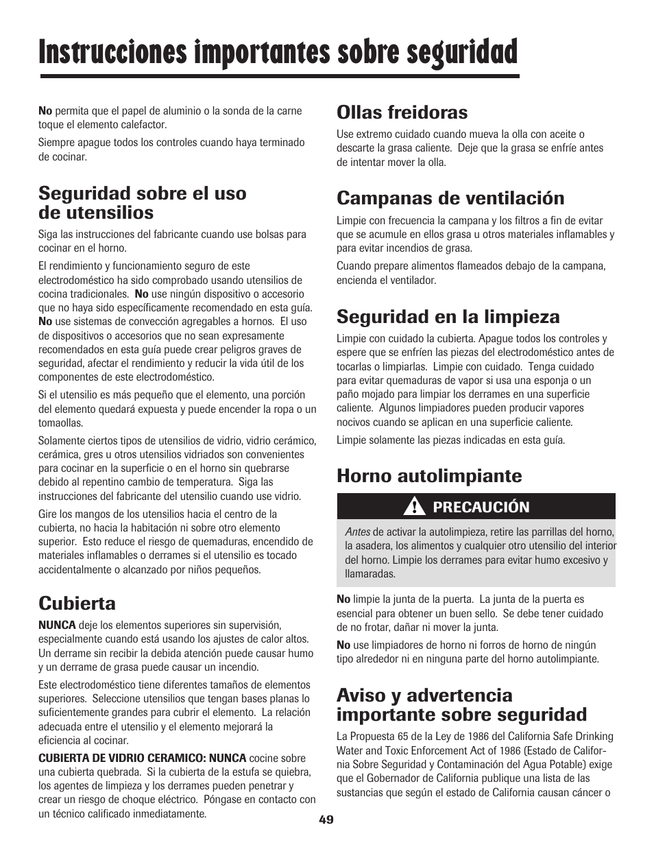 Instrucciones importantes sobre seguridad, Seguridad sobre el uso de utensilios, Cubierta | Ollas freidoras, Campanas de ventilación, Seguridad en la limpieza, Horno autolimpiante, Aviso y advertencia importante sobre seguridad | Maytag SMOOTHTOP 500 User Manual | Page 50 / 68