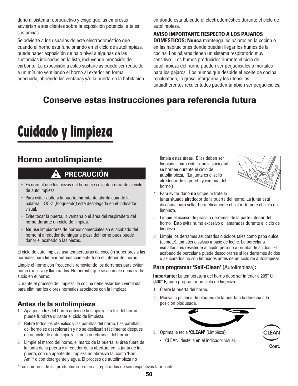 Cuidado y limpieza, Horno autolimpiante, Precaución | Antes de la autolimpieza | Maytag SMOOTHTOP 500 User Manual | Page 51 / 68