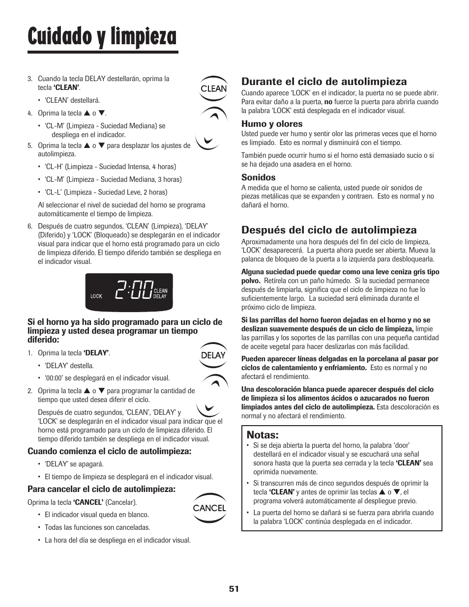 Cuidado y limpieza, Durante el ciclo de autolimpieza, Después del ciclo de autolimpieza | Notas | Maytag SMOOTHTOP 500 User Manual | Page 52 / 68