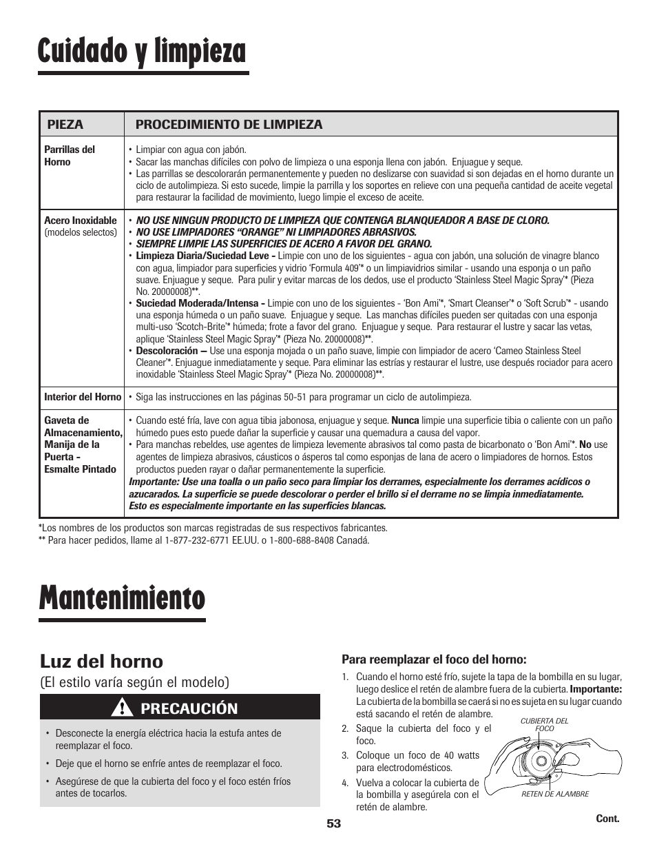 Mantenimiento, Cuidado y limpieza, Luz del horno | El estilo varía según el modelo), Precaución | Maytag SMOOTHTOP 500 User Manual | Page 54 / 68
