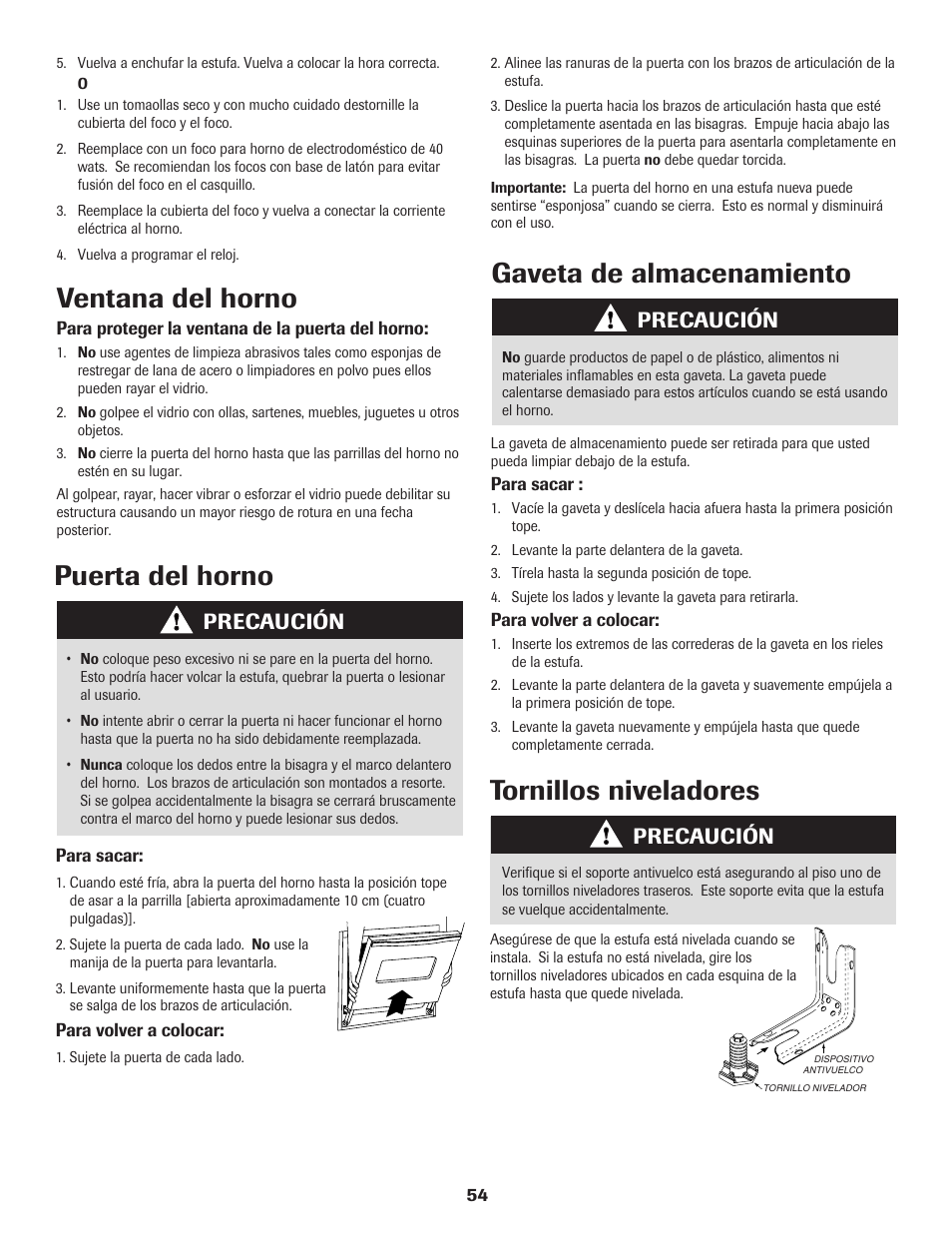 Puerta del horno, Ventana del horno, Tornillos niveladores | Gaveta de almacenamiento, Precaución | Maytag SMOOTHTOP 500 User Manual | Page 55 / 68