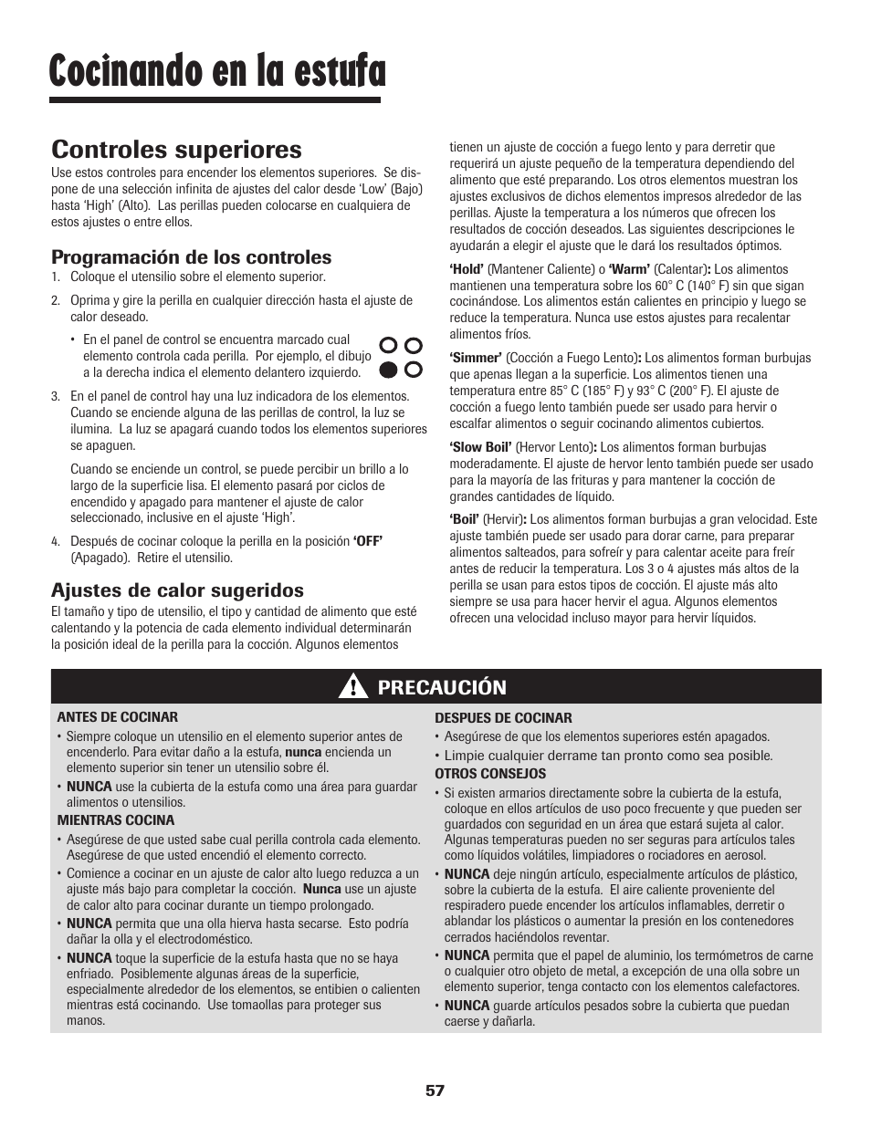 Cocinando en la estufa, Controles superiores, Programación de los controles | Precaución, Ajustes de calor sugeridos | Maytag SMOOTHTOP 500 User Manual | Page 58 / 68