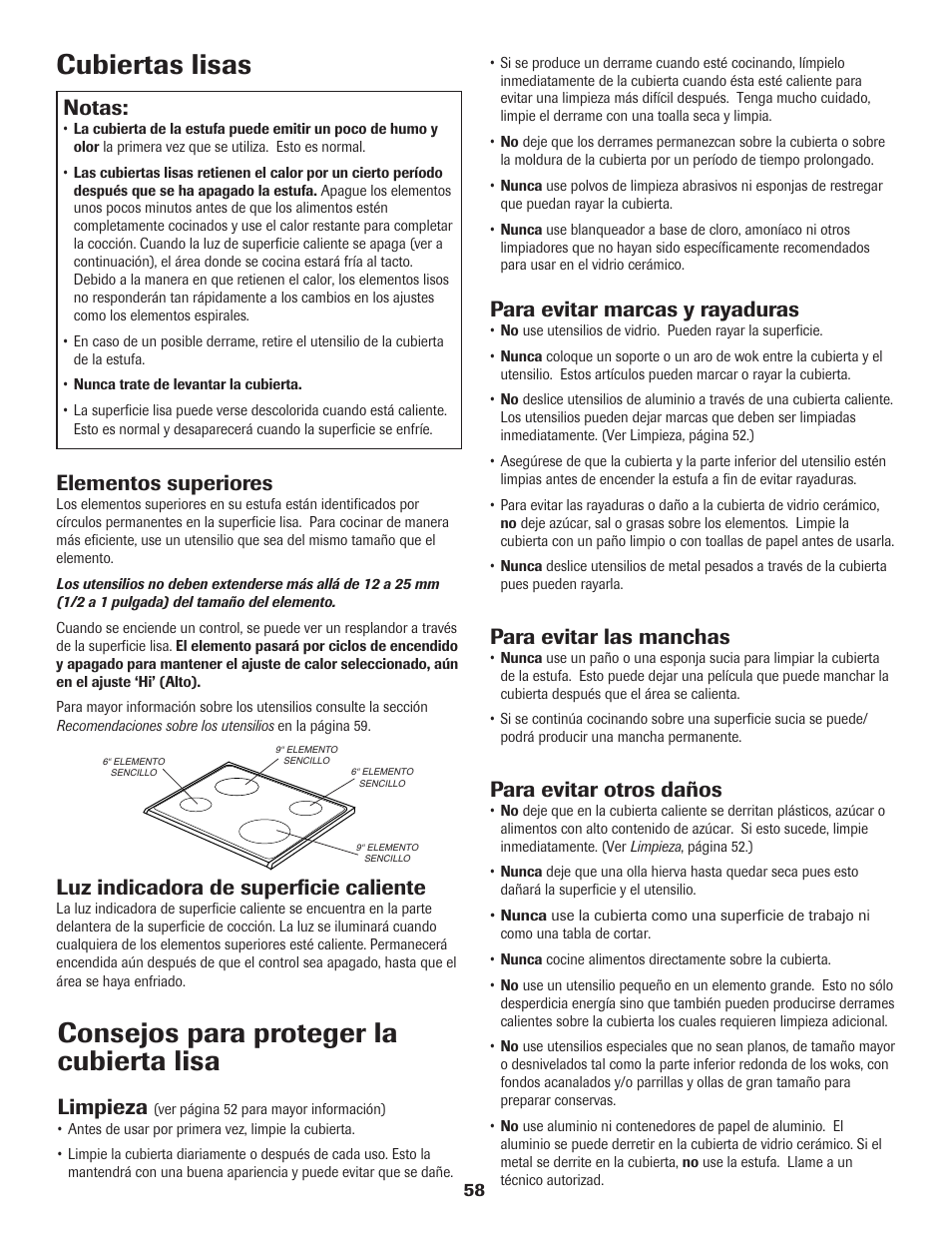 Cubiertas lisas, Consejos para proteger la cubierta lisa, Notas | Elementos superiores, Luz indicadora de superficie caliente, Limpieza, Para evitar marcas y rayaduras, Para evitar las manchas, Para evitar otros daños | Maytag SMOOTHTOP 500 User Manual | Page 59 / 68
