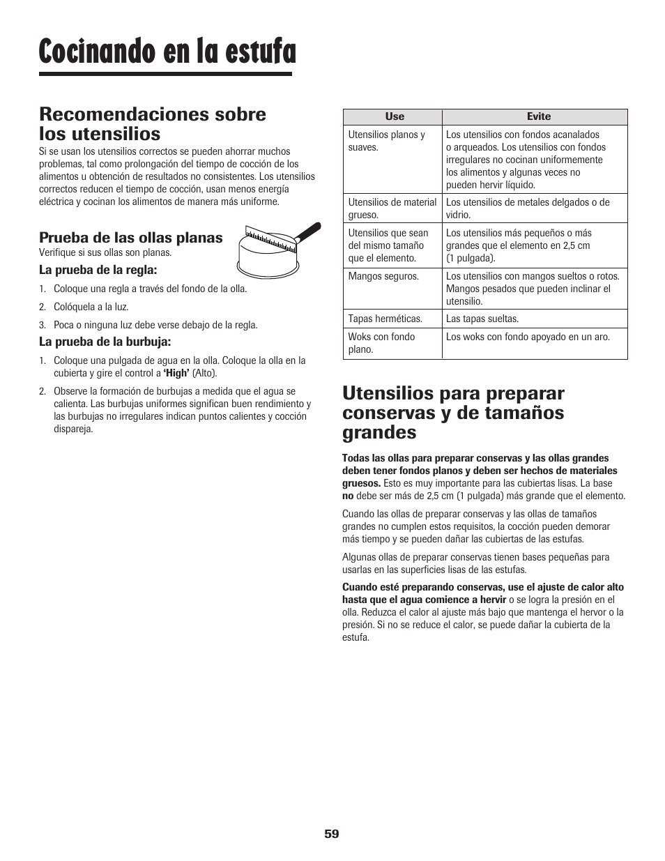 Cocinando en la estufa, Recomendaciones sobre los utensilios, Prueba de las ollas planas | Maytag SMOOTHTOP 500 User Manual | Page 60 / 68