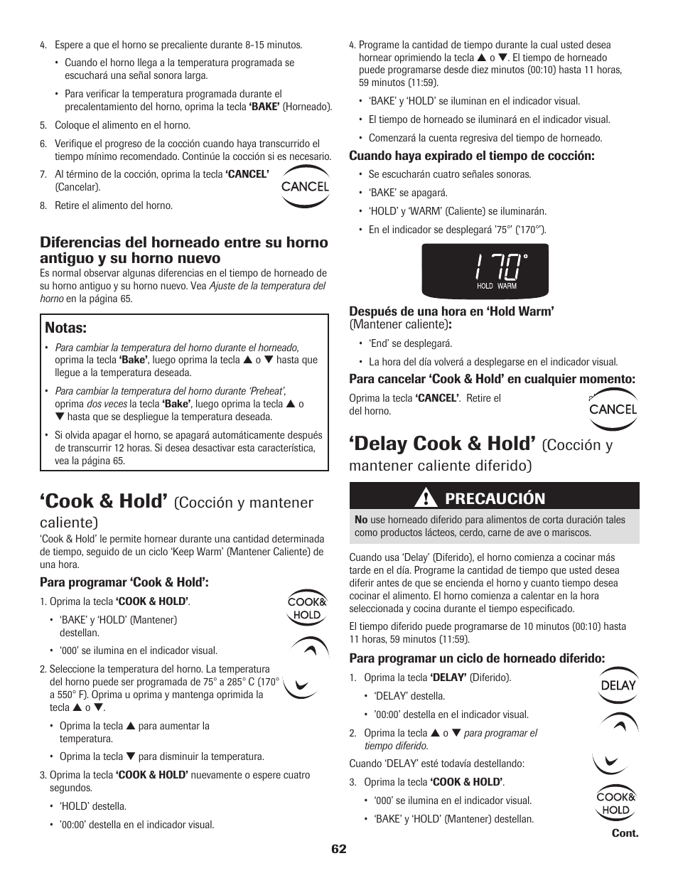 Cook & hold, Delay cook & hold, Cocción y mantener caliente) | Notas, Cocción y mantener caliente diferido) precaución | Maytag SMOOTHTOP 500 User Manual | Page 63 / 68