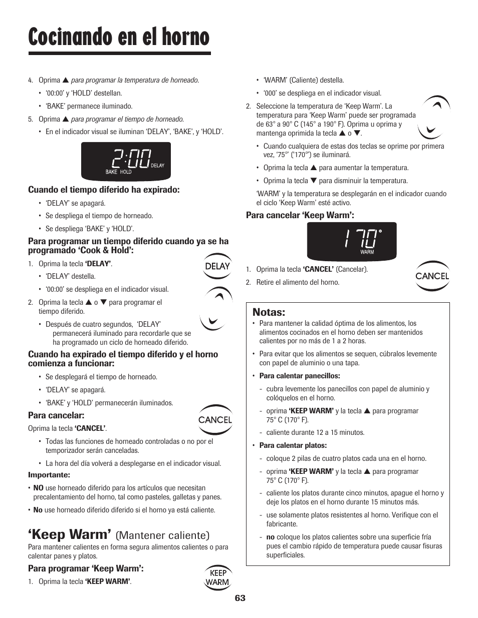 Cocinando en el horno, Keep warm, Mantener caliente) | Notas | Maytag SMOOTHTOP 500 User Manual | Page 64 / 68