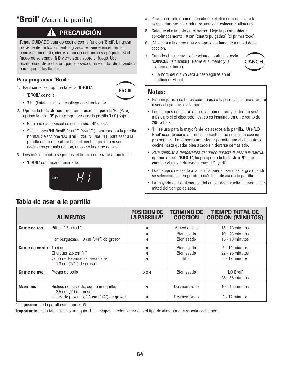 Broil, Asar a la parrilla), Notas | Tabla de asar a la parrilla, Precaución | Maytag SMOOTHTOP 500 User Manual | Page 65 / 68