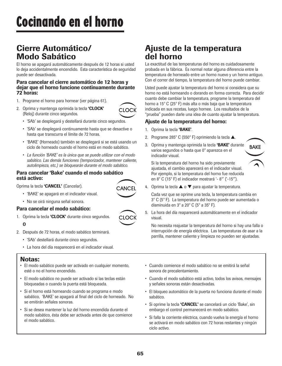 Cocinando en el horno, Cierre automático/ modo sabático, Ajuste de la temperatura del horno | Notas | Maytag SMOOTHTOP 500 User Manual | Page 66 / 68