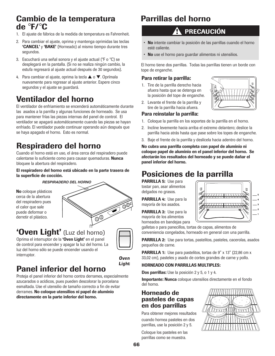 Parrillas del horno, Oven light, Panel inferior del horno | Ventilador del horno, Respiradero del horno, Posiciones de la parrilla, Cambio de la temperatura de | Maytag SMOOTHTOP 500 User Manual | Page 67 / 68