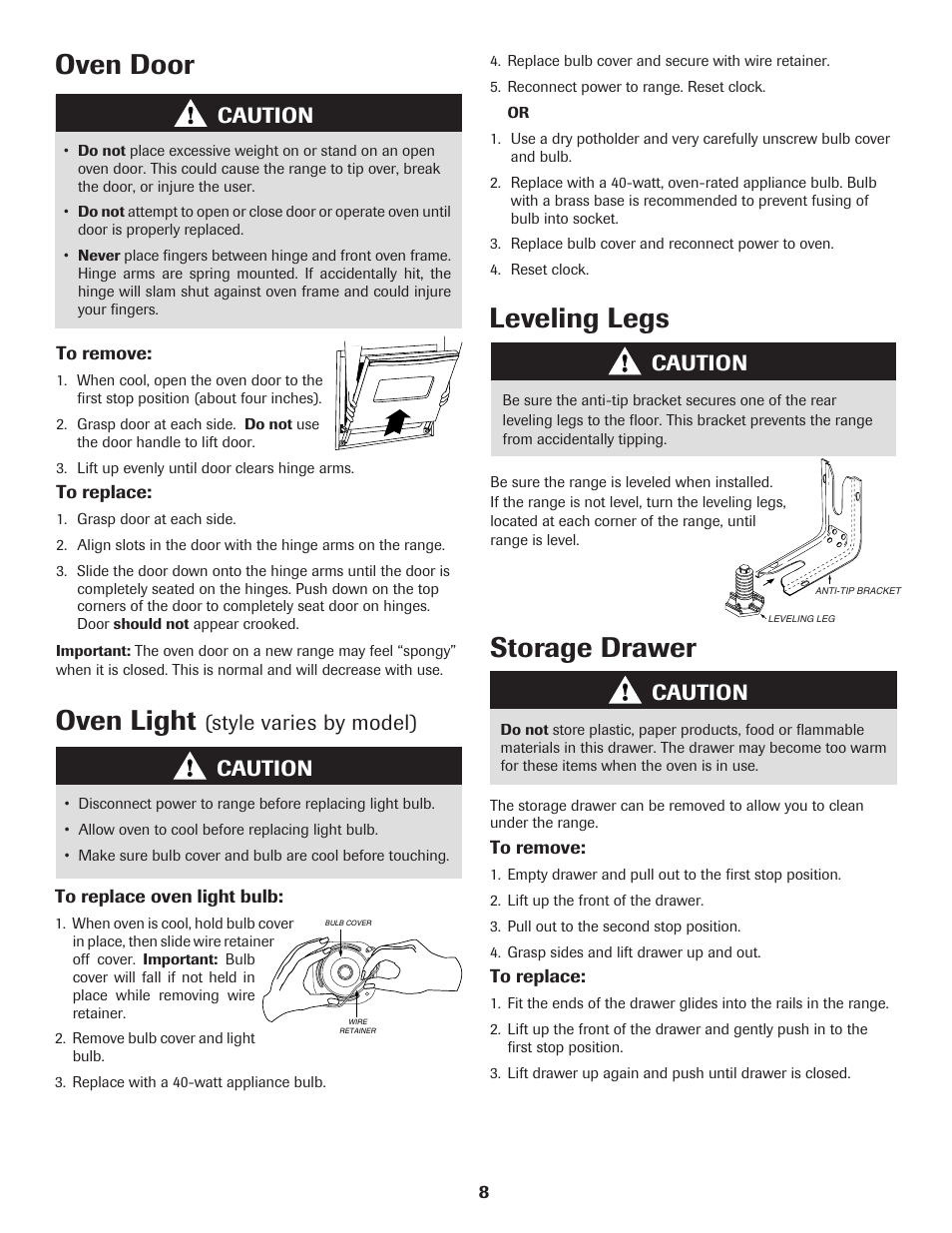 Oven door, Oven light, Leveling legs | Storage drawer, Caution, Style varies by model) | Maytag SMOOTHTOP 500 User Manual | Page 9 / 68