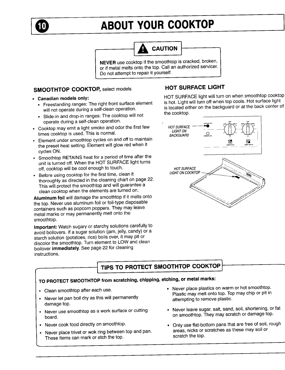Caution, Smoothtop cooktop, select models, Hot surface light | Tips to protect smoothtop cooktop, About your cooktop | Maytag 8111P375-60 User Manual | Page 10 / 32