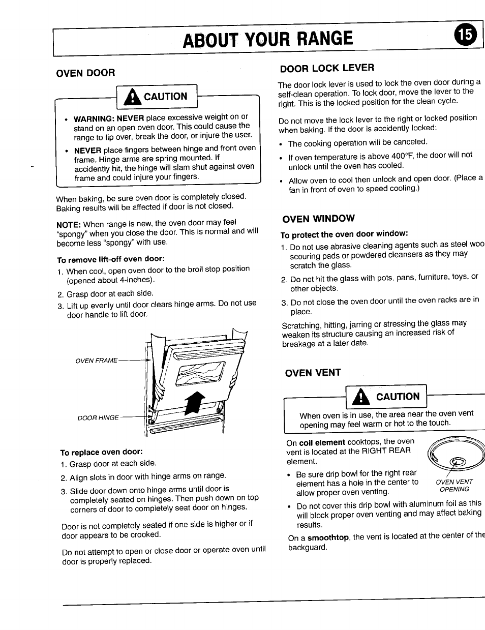 About your range, Door lock lever, Oven window | Oven vent | Maytag 8111P375-60 User Manual | Page 15 / 32