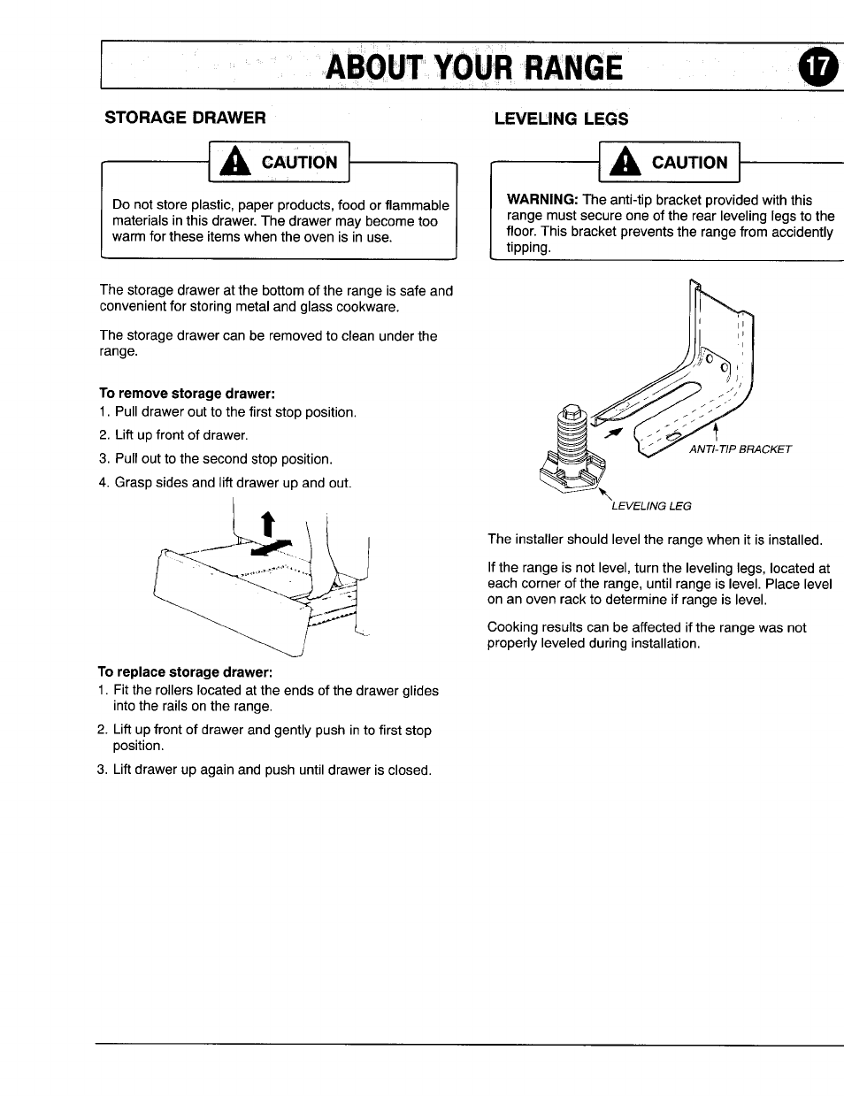 About, Range, Storage drawer | Caution, About range | Maytag 8111P375-60 User Manual | Page 17 / 32