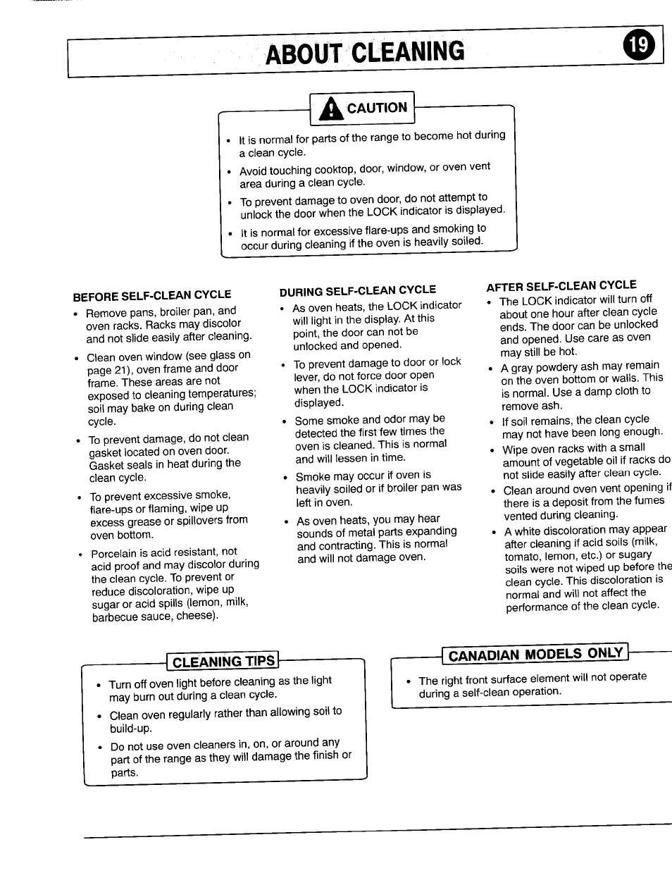 About cleaning, A caution, Canadian models oniy | About cleaning a | Maytag 8111P375-60 User Manual | Page 19 / 32