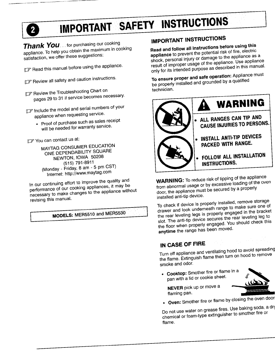 Important instructions, All ranges can tip and cause injuries to persons, Install anti-tip devices packed with range | Follow all installation instructions, Important safety instructions -4, Warning, 1м№у, Ìtan | Maytag 8111P375-60 User Manual | Page 2 / 32