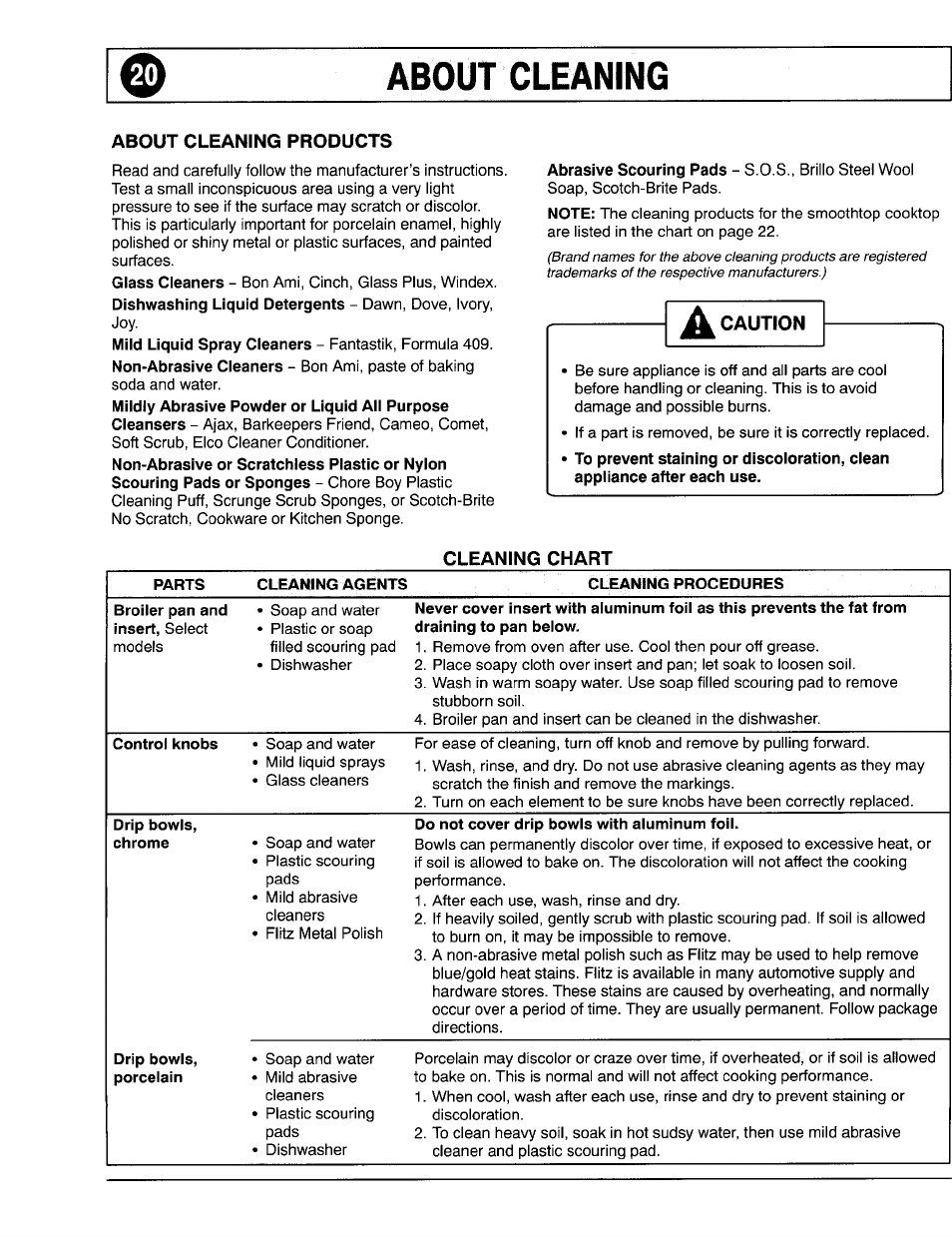 About cleaning, About cleaning products, Cleaning chart | Cleaning chart ù-22, 0about cleaning | Maytag 8111P375-60 User Manual | Page 20 / 32