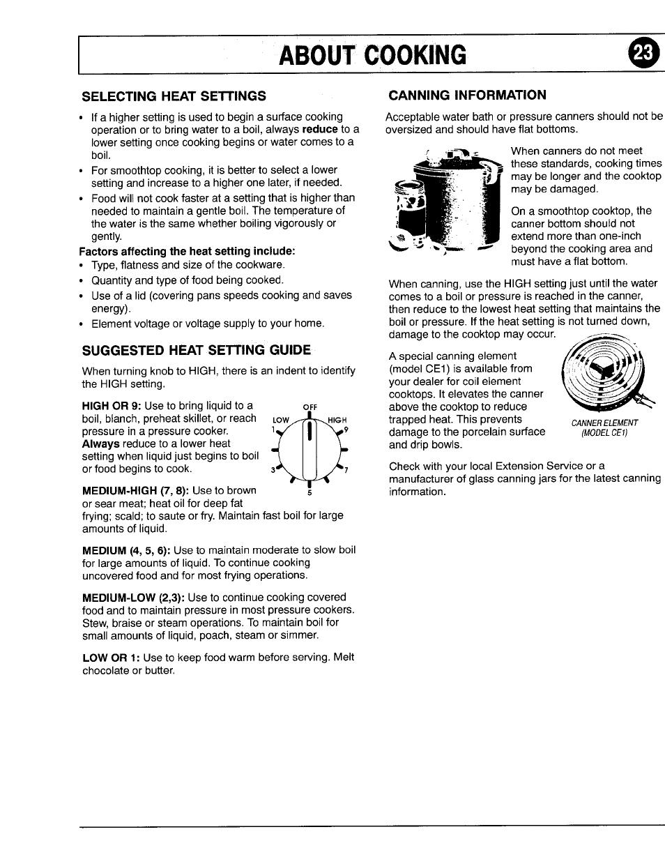 About cooking, Selecting heat settings, Suggested heat setting guide | Canning information, About cooking 0 | Maytag 8111P375-60 User Manual | Page 23 / 32