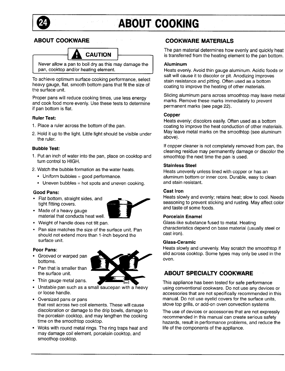 Cookware materials, About specialty cookware | Maytag 8111P375-60 User Manual | Page 24 / 32