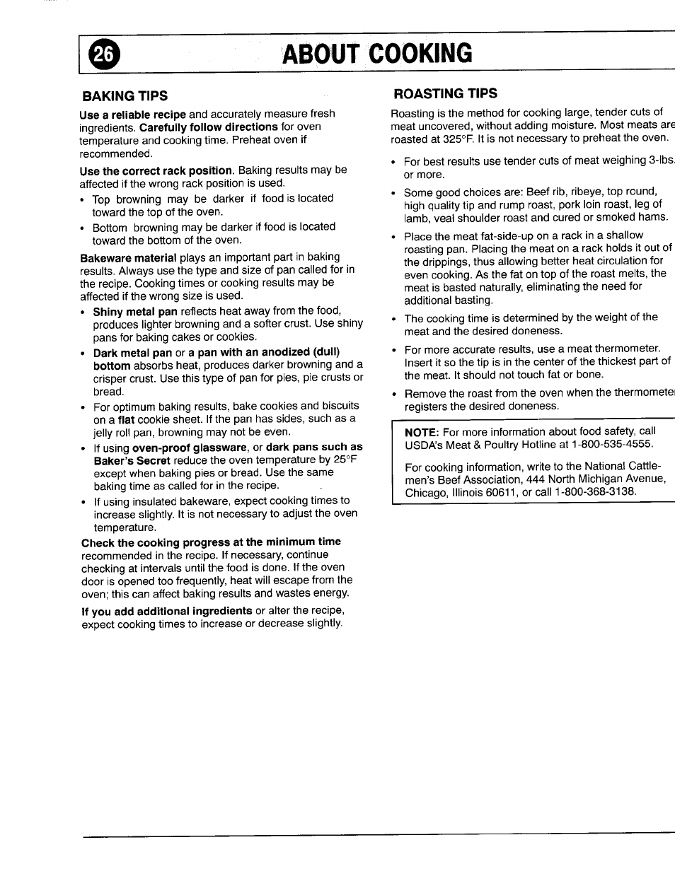 About cooking, Baking tips, Roasting tips | 0about cooking | Maytag 8111P375-60 User Manual | Page 26 / 32