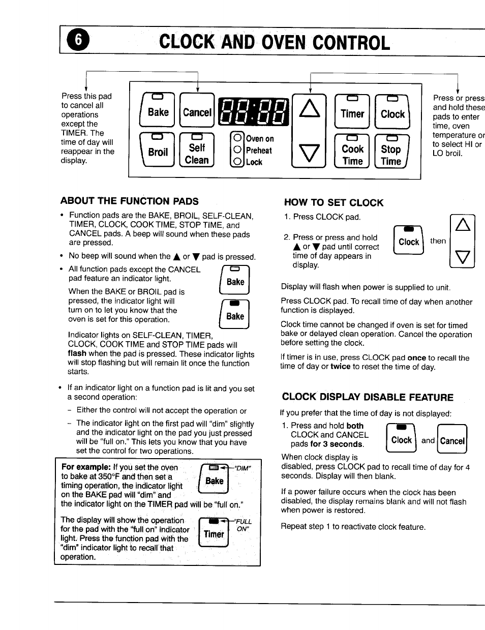 About the function pads, Timer, How to set clock | Clock display disable feature, Clock and oven control, U u u u | Maytag 8111P375-60 User Manual | Page 6 / 32