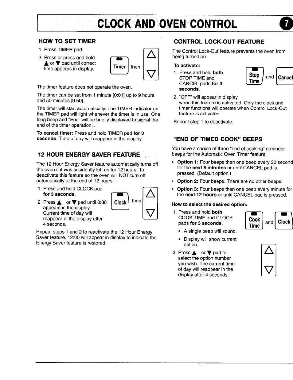 How to set timer, 12 hour energy saver feafuré, Control lock-out feature | End of timed cook” beeps, Clock and oven control | Maytag 8111P375-60 User Manual | Page 7 / 32