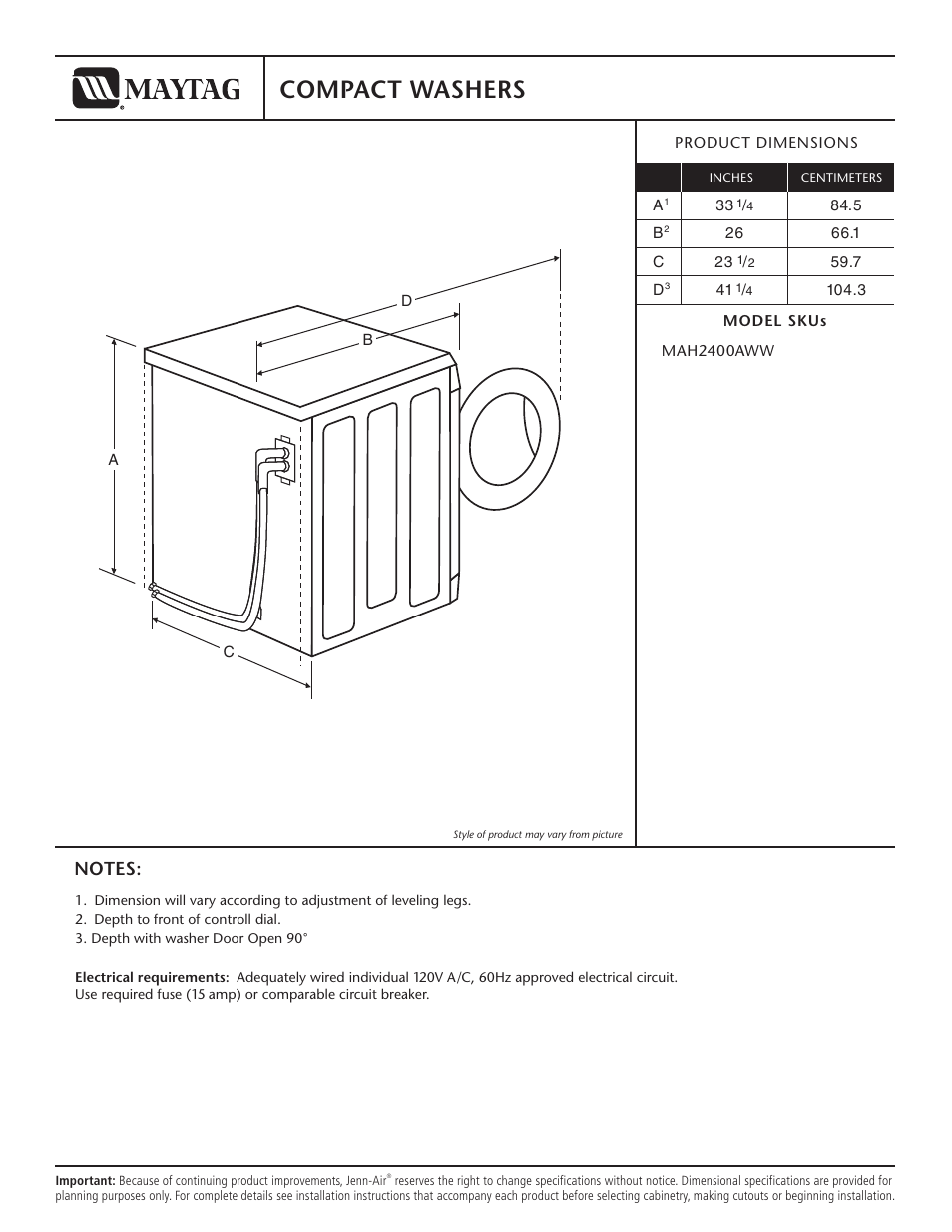 Maytag MAH2400AWW User Manual | 1 page