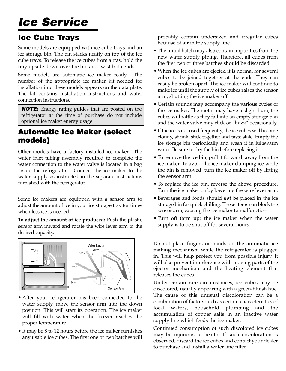 Ice service, Ice cube trays, Automatic ice maker (select models) | For your safety | Maytag Top Mount Refrigerator 61005299 User Manual | Page 10 / 16