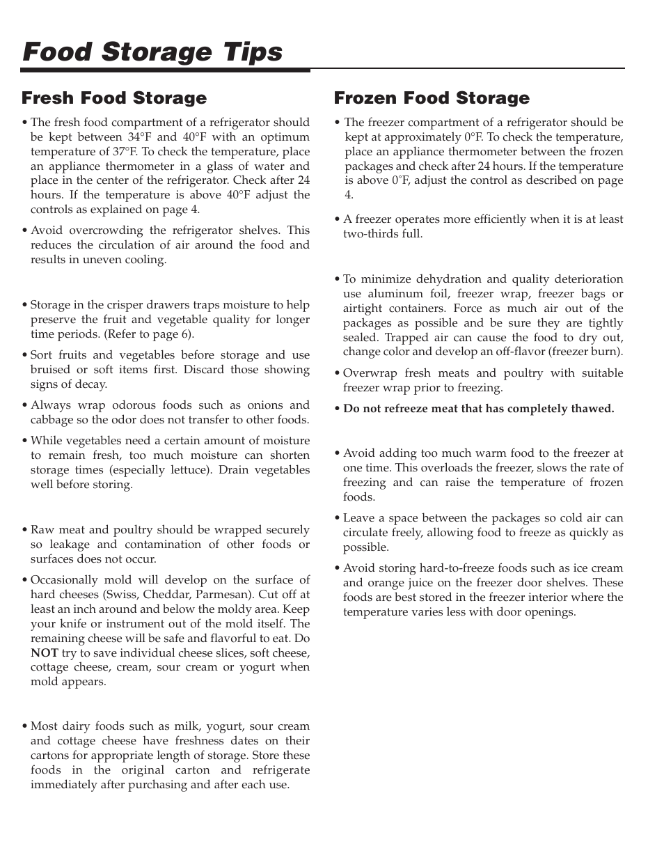 Food storage tips, Frozen food storage, Fresh food storage | Maytag Top Mount Refrigerator 61005299 User Manual | Page 11 / 16