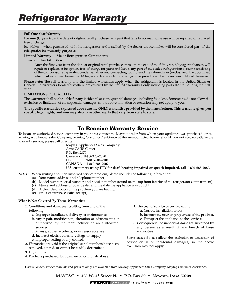 Refrigerator warranty | Maytag Top Mount Refrigerator 61005299 User Manual | Page 16 / 16