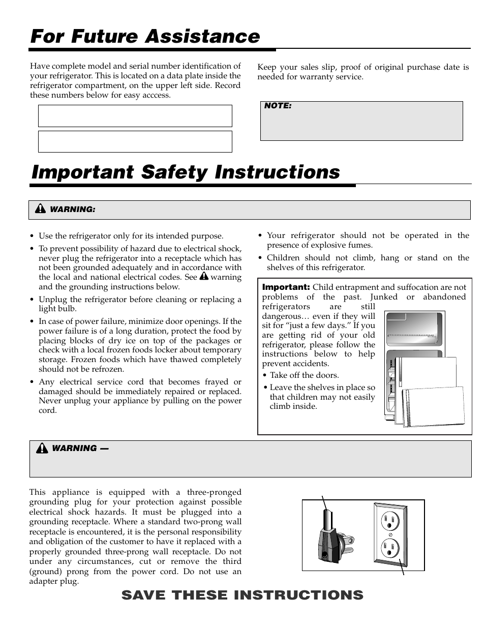 Important safety instructions, For future assistance, Save these instructions | Maytag Top Mount Refrigerator 61005299 User Manual | Page 2 / 16
