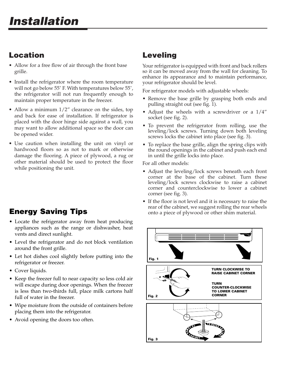 Installation, Leveling, Location | Energy saving tips | Maytag Top Mount Refrigerator 61005299 User Manual | Page 3 / 16