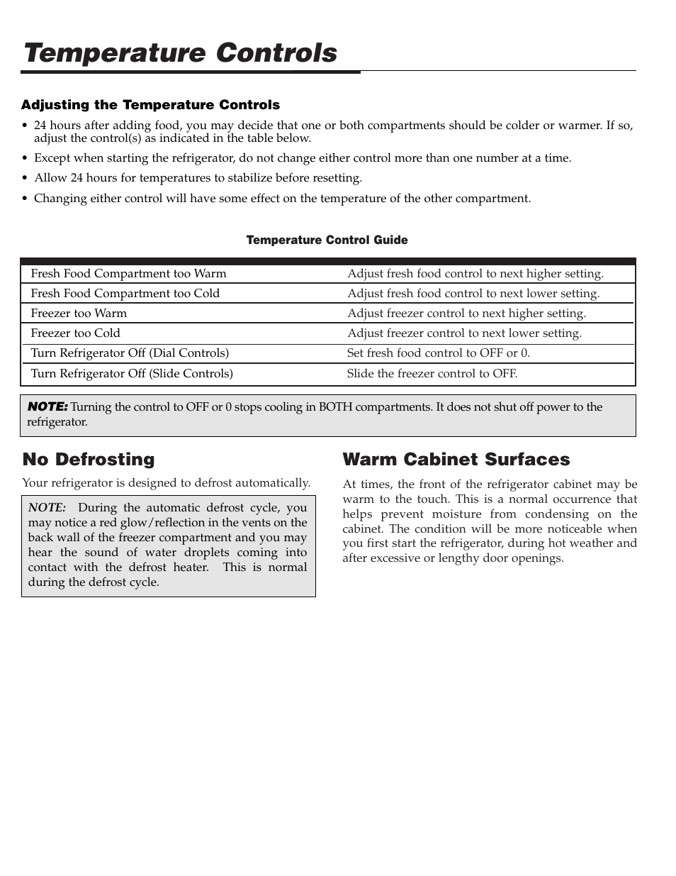 Temperature controls, No defrosting, Warm cabinet surfaces | Maytag Top Mount Refrigerator 61005299 User Manual | Page 5 / 16