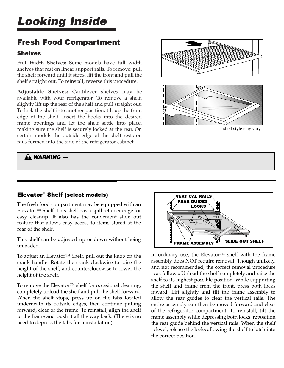 Looking inside, Fresh food compartment | Maytag Top Mount Refrigerator 61005299 User Manual | Page 6 / 16