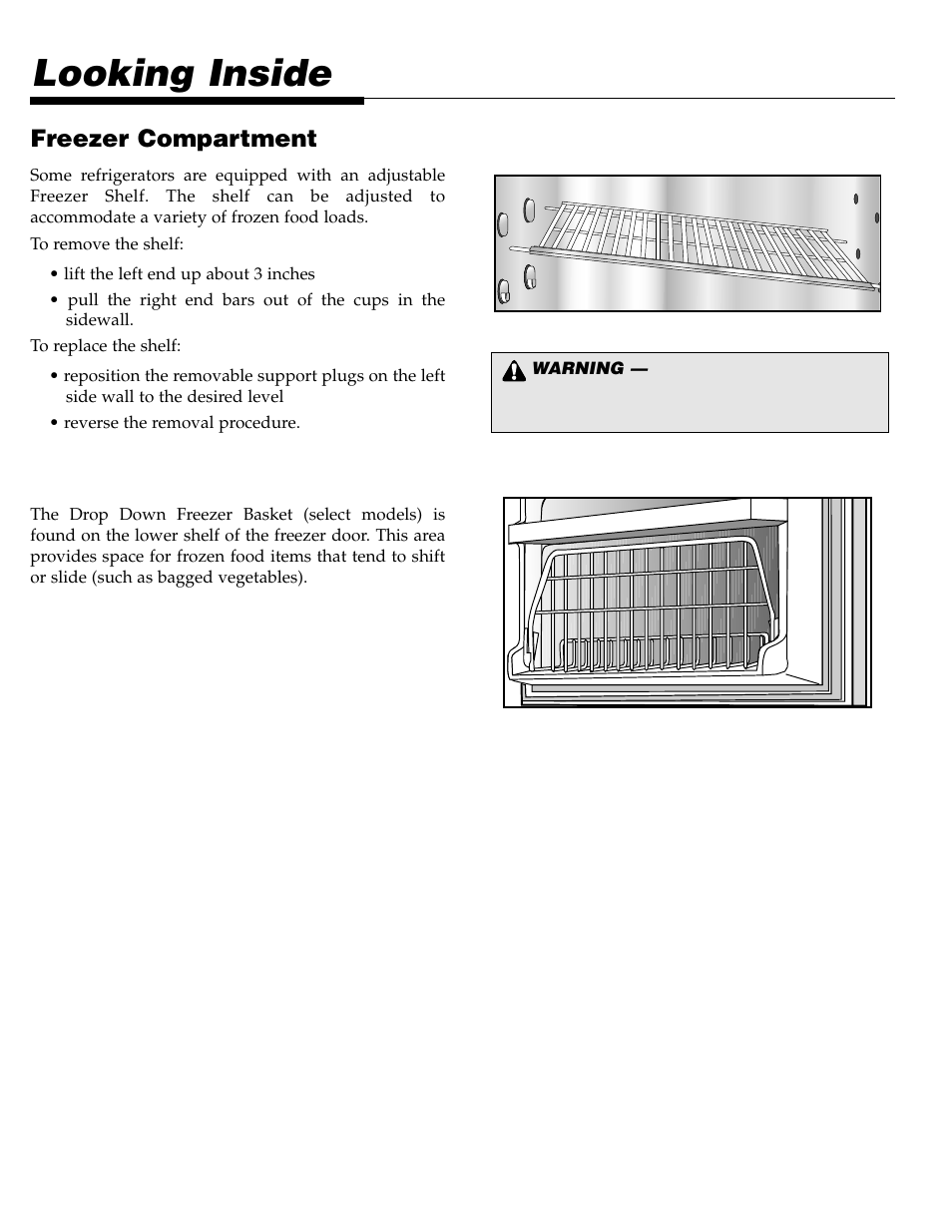 Looking inside, Freezer compartment | Maytag Top Mount Refrigerator 61005299 User Manual | Page 9 / 16
