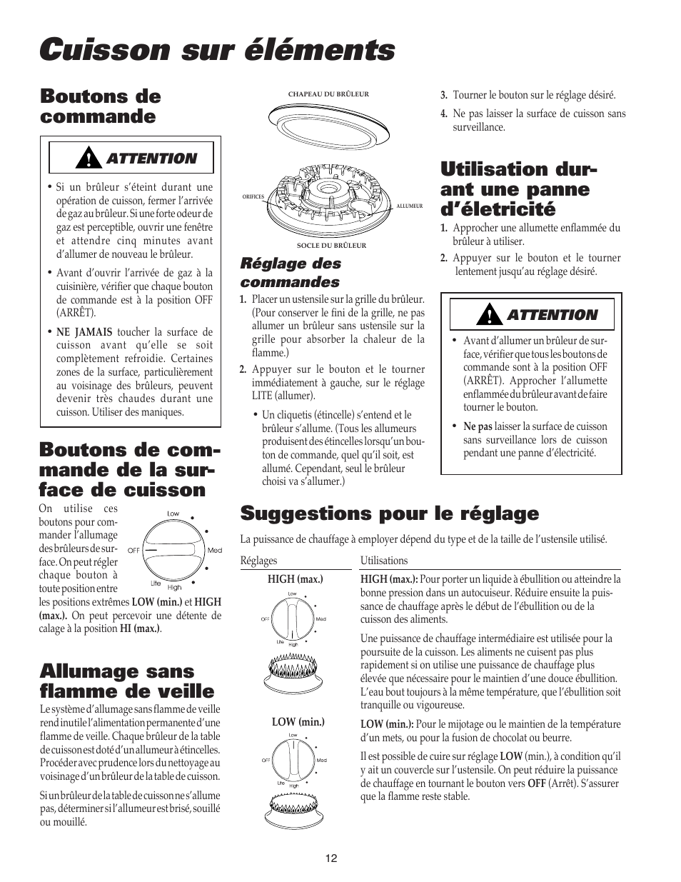 Cuisson sur éléments, Suggestions pour le réglage, Boutons de com- mande de la sur- face de cuisson | Utilisation dur- ant une panne d’életricité, Boutons de commande, Allumage sans flamme de veille, Réglage des commandes | Maytag 8111P504-60 User Manual | Page 13 / 28