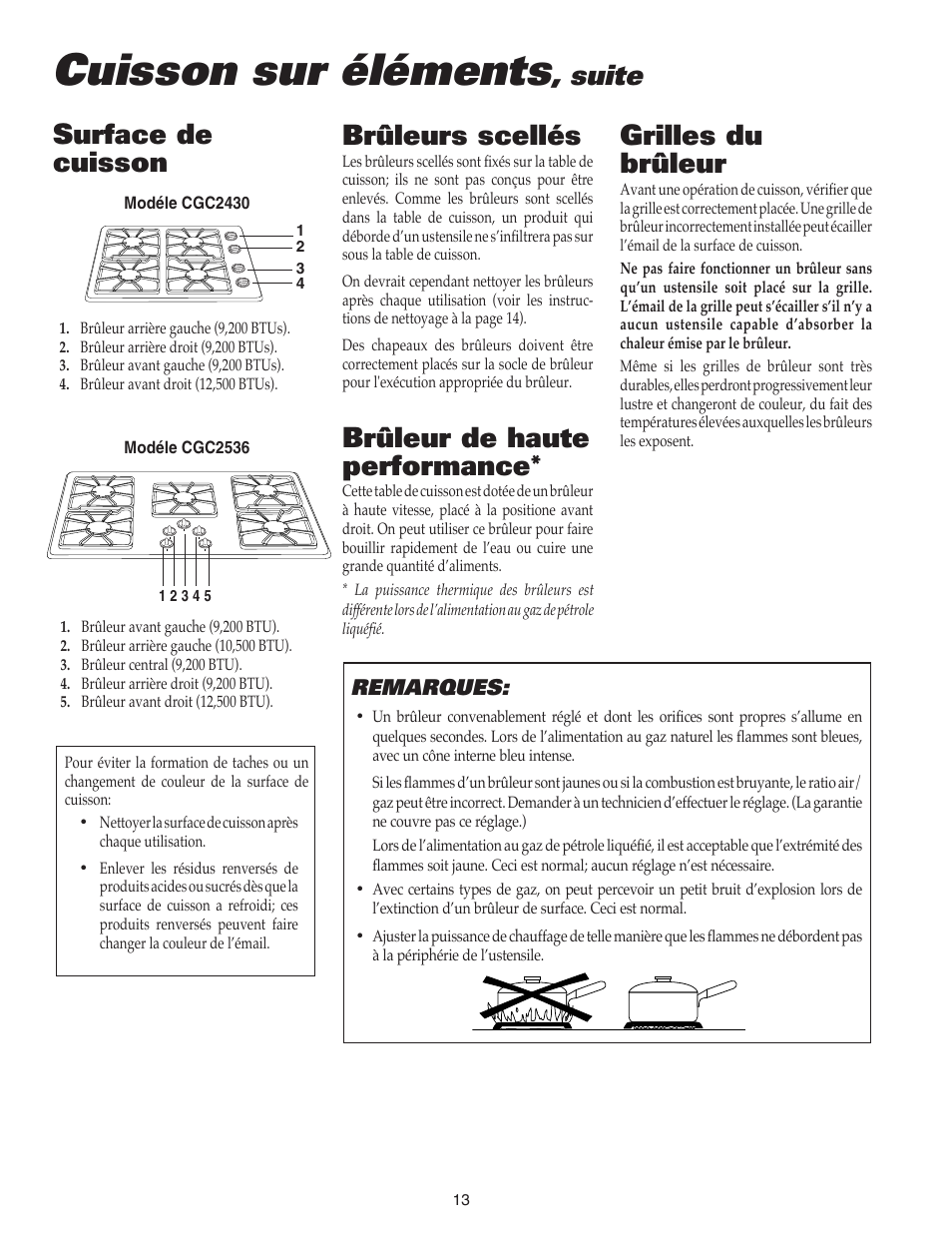 Cuisson sur éléments, Surface de cuisson, Suite | Brûleurs scellés, Brûleur de haute performance, Grilles du brûleur | Maytag 8111P504-60 User Manual | Page 14 / 28