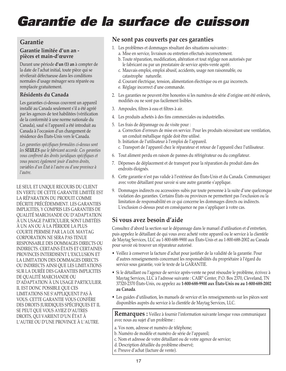 Garantie de la surface de cuisson, Garantie, Ne sont pas couverts par ces garanties | Si vous avez besoin d’aide, Remarques | Maytag 8111P504-60 User Manual | Page 18 / 28