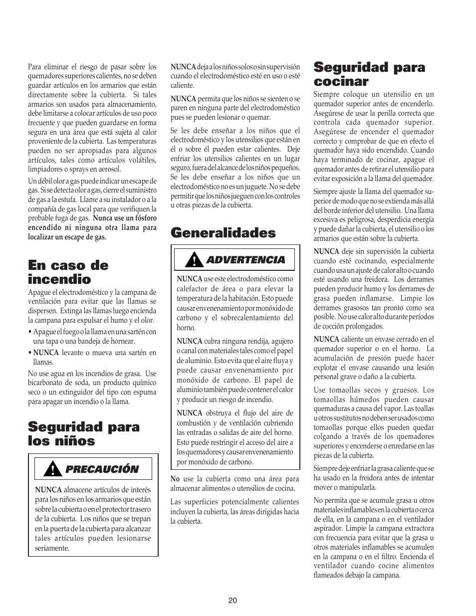 En caso de incendio, Seguridad para cocinar, Generalidades | Seguridad para los niños | Maytag 8111P504-60 User Manual | Page 21 / 28