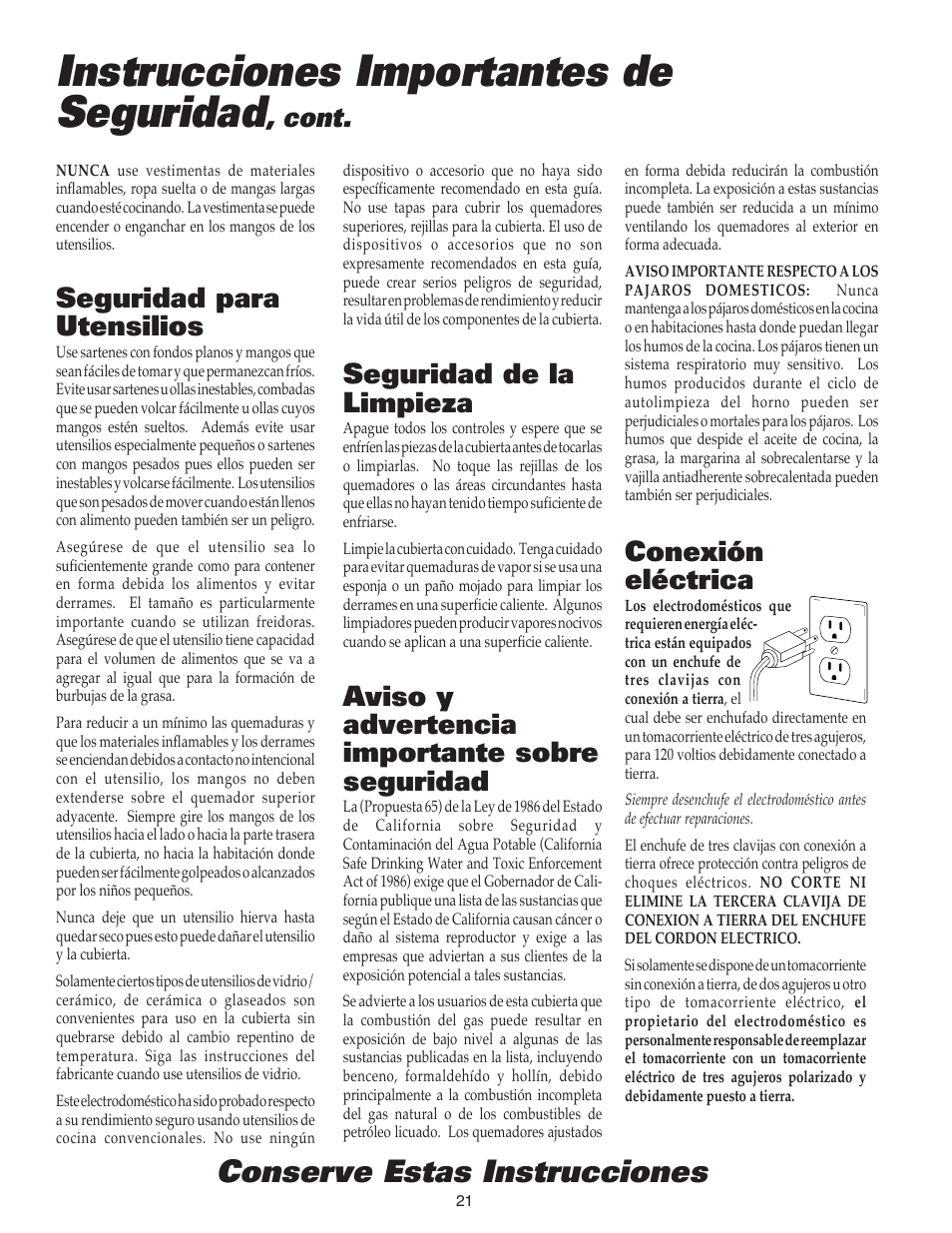 Instrucciones importantes de seguridad, Conserve estas instrucciones, Conexión eléctrica | Cont, Seguridad de la limpieza, Aviso y advertencia importante sobre seguridad, Seguridad para utensilios | Maytag 8111P504-60 User Manual | Page 22 / 28