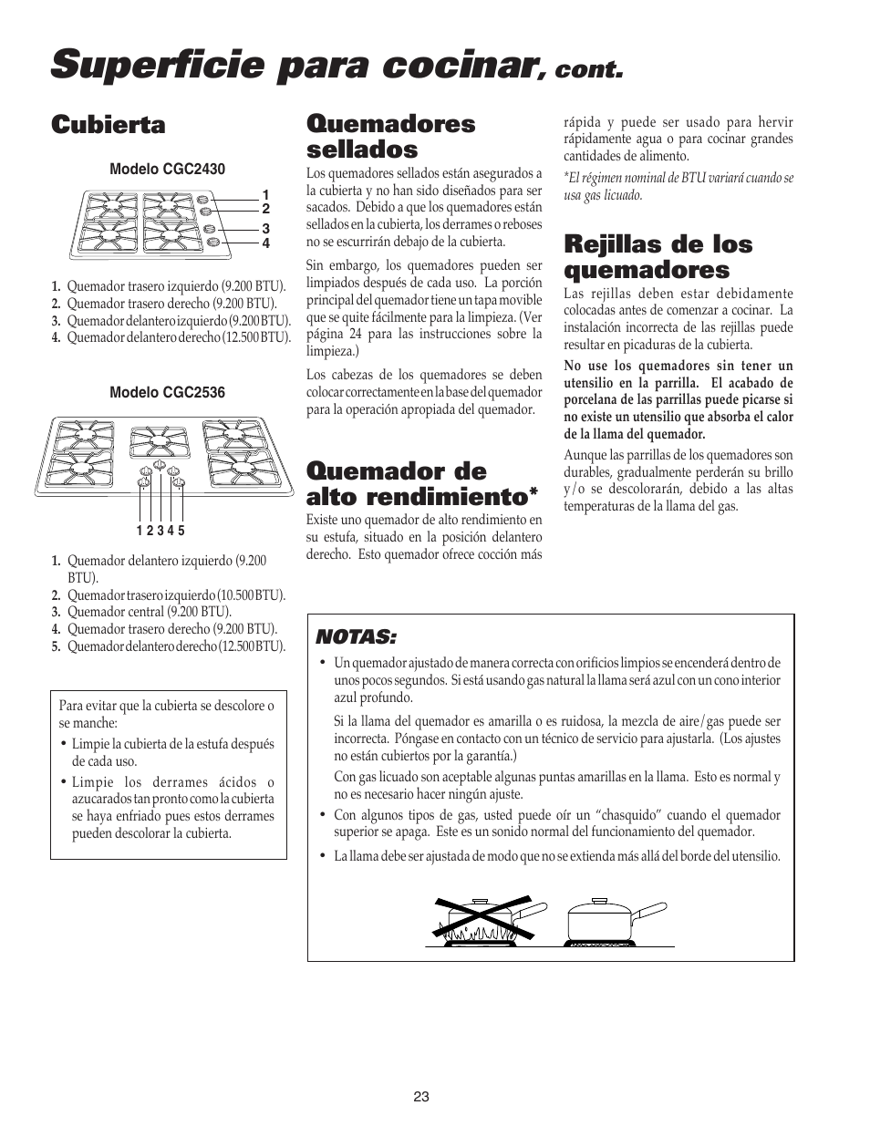 Superficie para cocinar, Rejillas de los quemadores, Cubierta quemador de alto rendimiento | Quemadores sellados, Cont | Maytag 8111P504-60 User Manual | Page 24 / 28