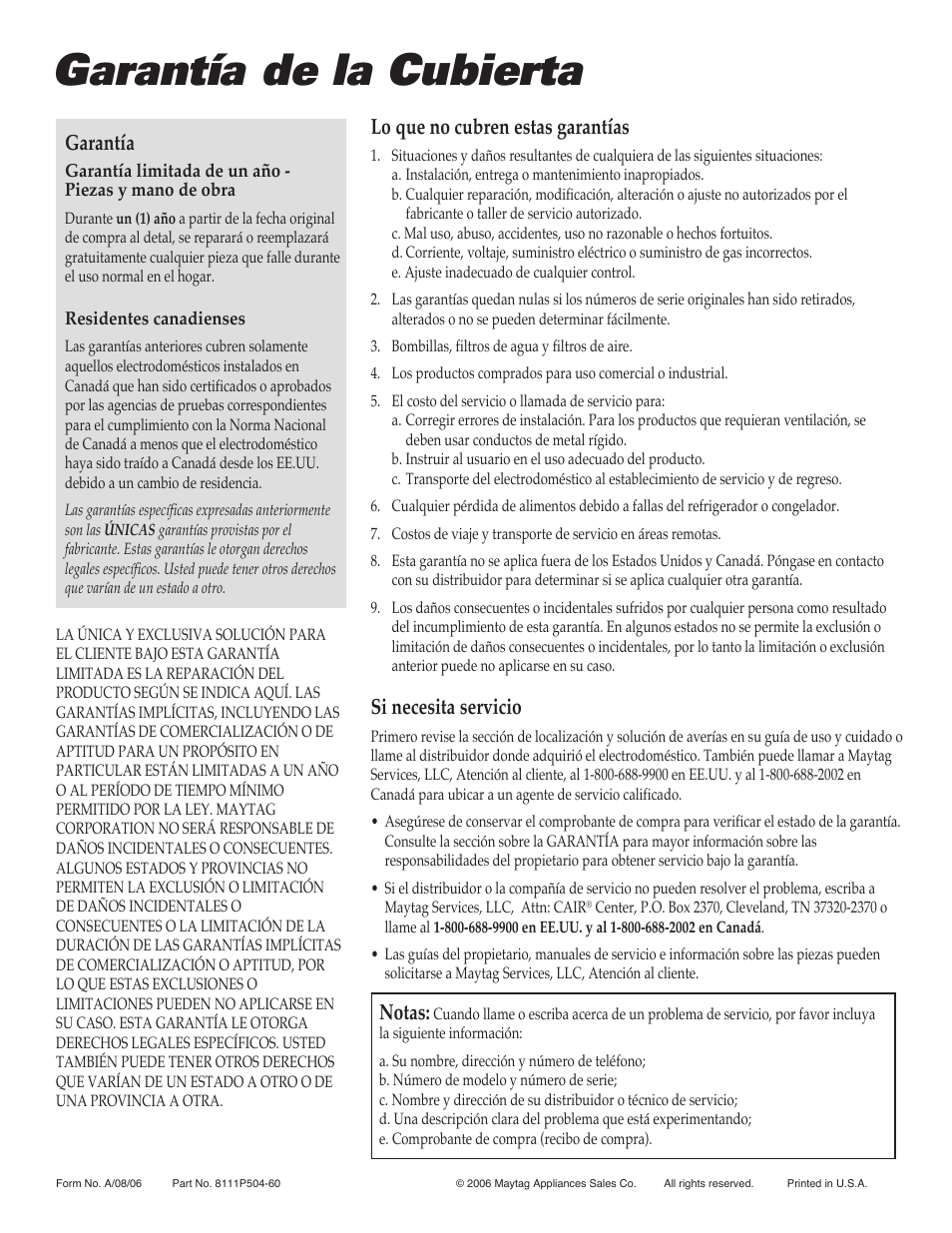 Garantía de la cubierta, Garantía, Lo que no cubren estas garantías | Si necesita servicio, Notas | Maytag 8111P504-60 User Manual | Page 28 / 28