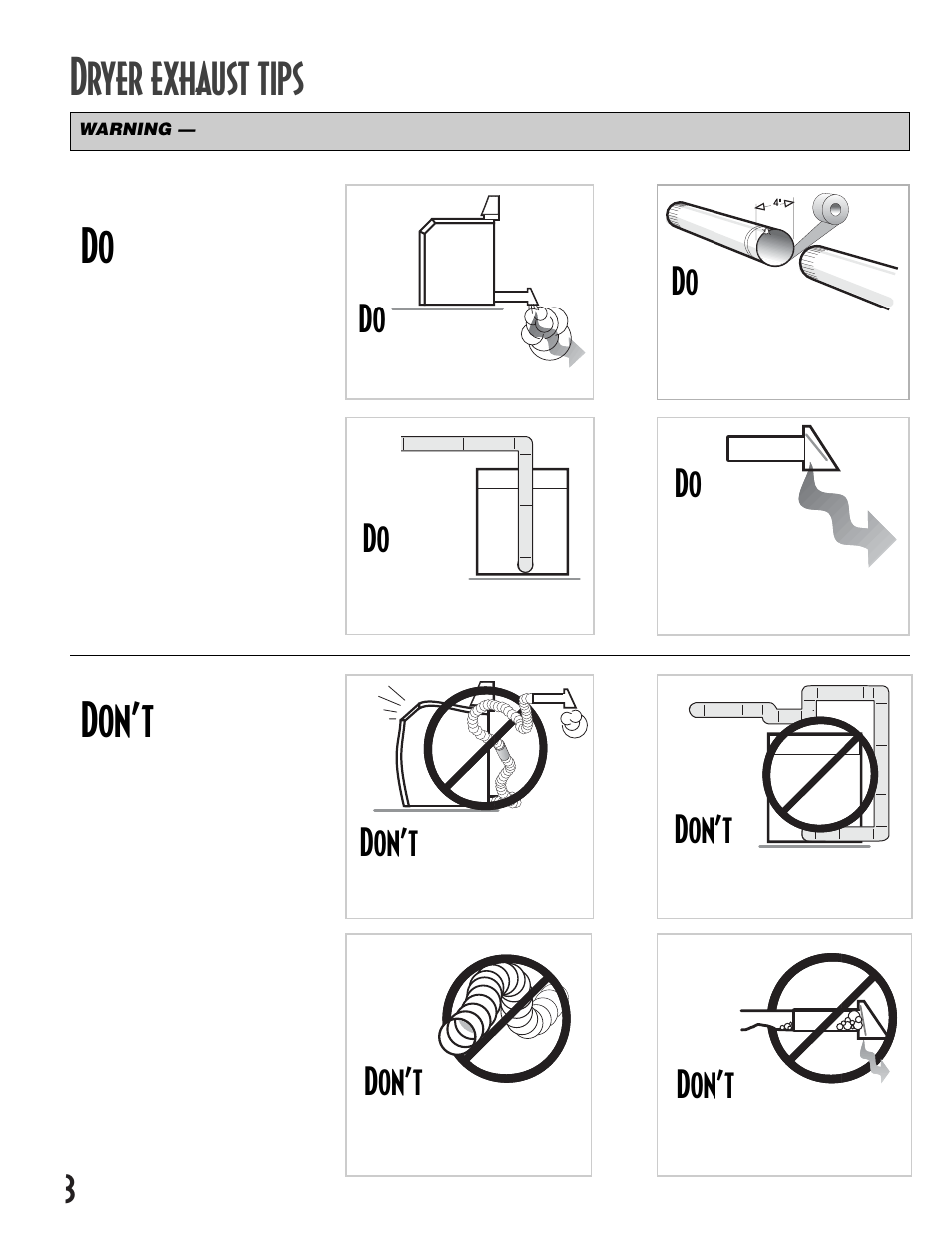 Ryer exhaust tips, Don’t | Maytag INTELLIDRY MD-16 User Manual | Page 4 / 12